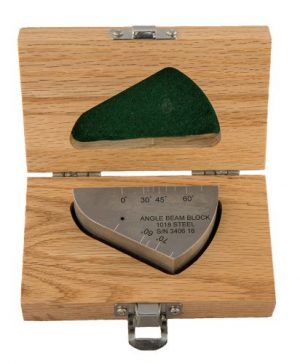 Angle beam calibration block, carbon steel 1018, with wood case