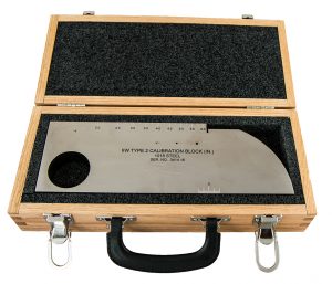 Calibration block IIW type 2, carbon steel 1018, with wood case