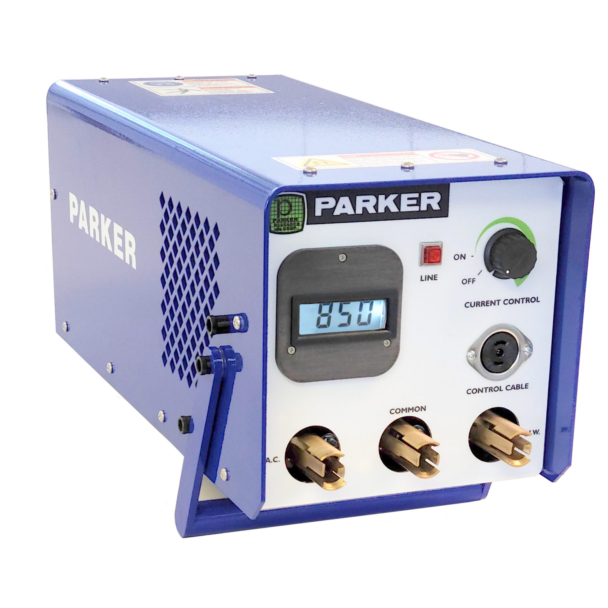 Blue portable power pack with digital display showcased on a white background