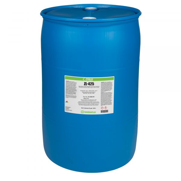 Magnaflux Zyglo ZL-405 water-based fluorescent penetrant in 5-gallon pail or 55-gallon drum; non-petrochemical, low-sensitivity solution for materials sensitive to petroleum-based products.
