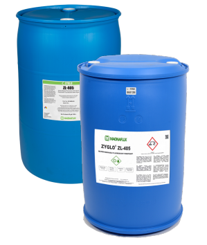 Magnaflux Zyglo ZL-405 water-based fluorescent penetrant in 5-gallon pail or 55-gallon drum; non-petrochemical, low-sensitivity solution for materials sensitive to petroleum-based products.