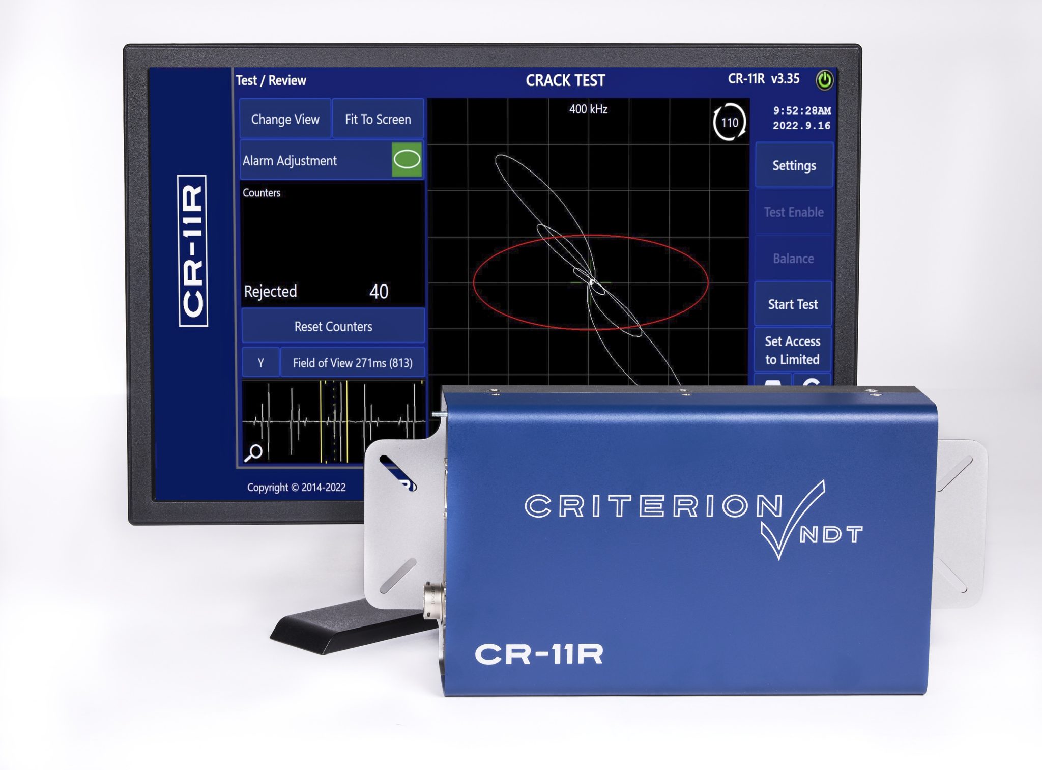 The CR-11 single channel eddy current test instrument  showcased on white background